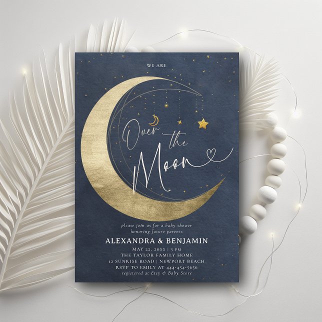 Convite Sobre a Lua Dourada, Chá de Bebê com Cobra d'água (over the moon baby shower invitation moon stars watercolor cute coed elegant neutral blue)