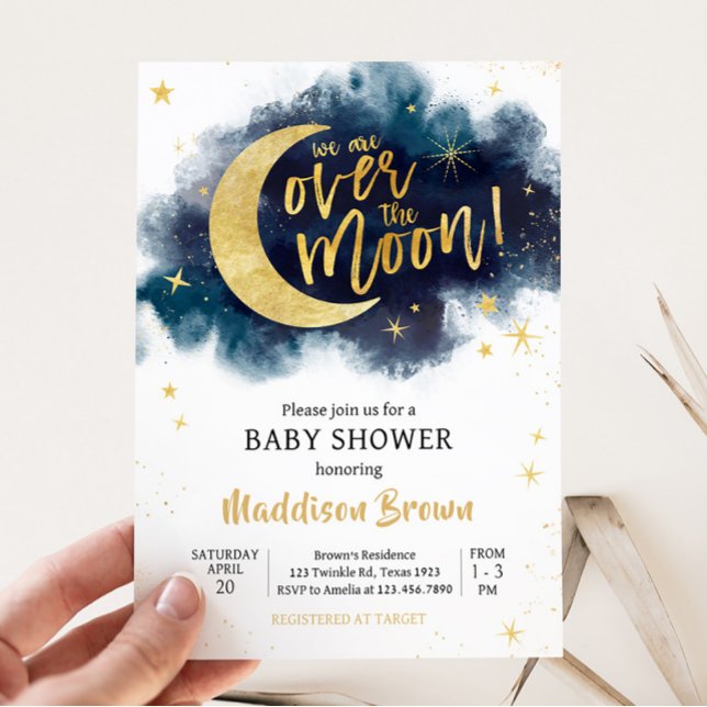 Convite Sobre a Lua Dourada Estrelas Chá de fraldas Azul (Blue Twinkle Little Star Baby Shower Invitation)