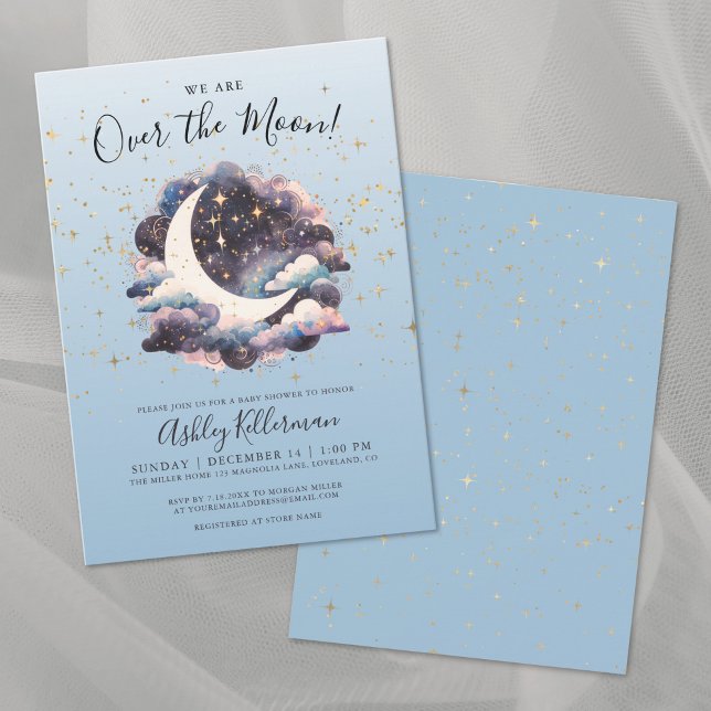 Convite Sobre a Lua Dourada Estrelas Chá de fraldas Azul (Over the Moon Gold Stars Blue Baby Shower Invitation )