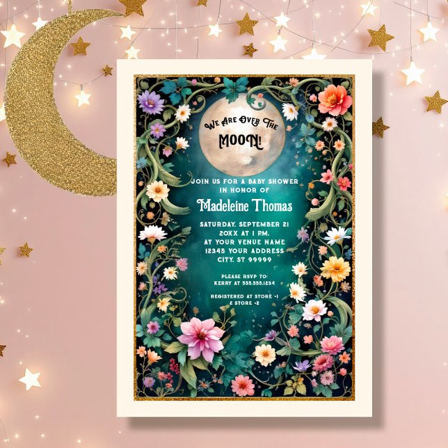 Convite Sobre a Lua Floral Noite Rosa Flores Rosa Vinha Ga (Criador carregado)