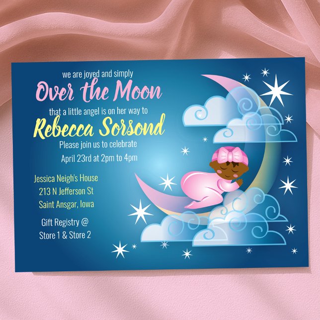 Convite Sobre o Chá da menina da Lua, crescido (Over the Moon Baby Girl Shower Cradled on Crescent Invitation
)