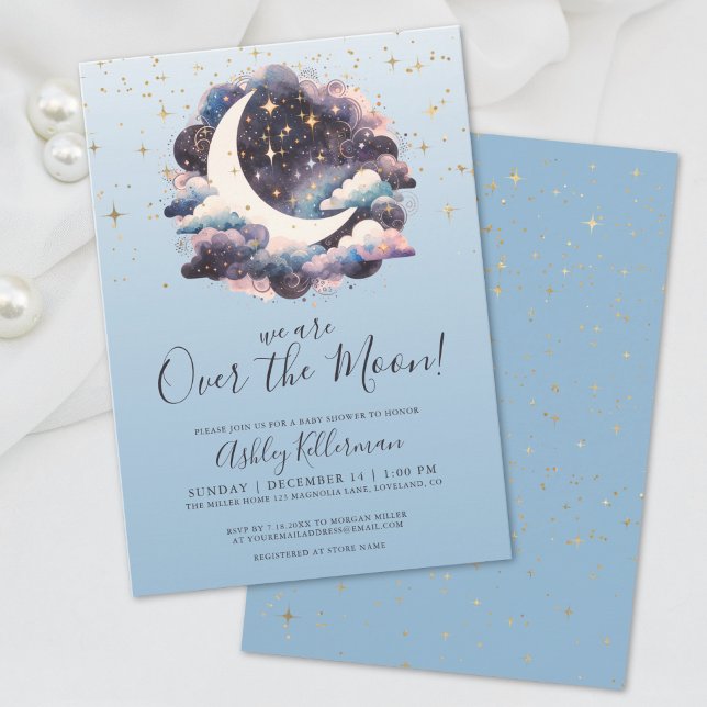 Convite Sobre O Chá de fraldas Azul Da Lua (Over The Moon Blue Baby Shower Invitation)
