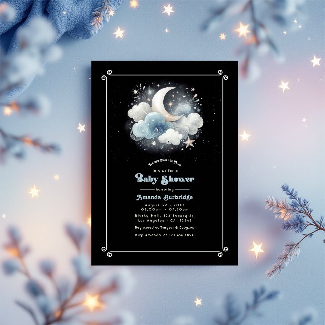 Convite Sobre o Chá de fraldas Celestial da Lua (Over the Moon Celestial Baby Shower Invitation)