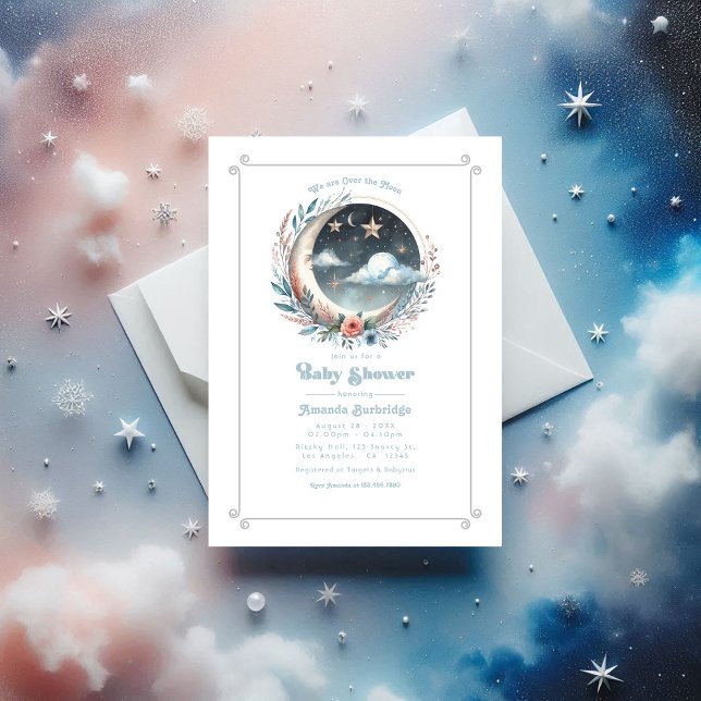 Convite Sobre o Chá de fraldas Celestial da Lua (Over the Moon Celestial Baby Shower Invitation)
