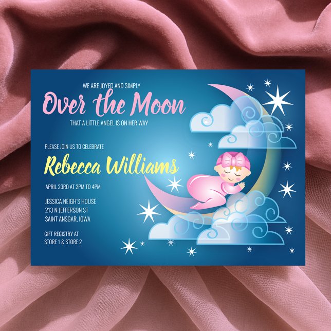 Convite Sobre O Chá de fraldas Com Base Na Lua - Pele Mais (Over The Moon Cradled Baby Shower - Lighter Skin Invitation)