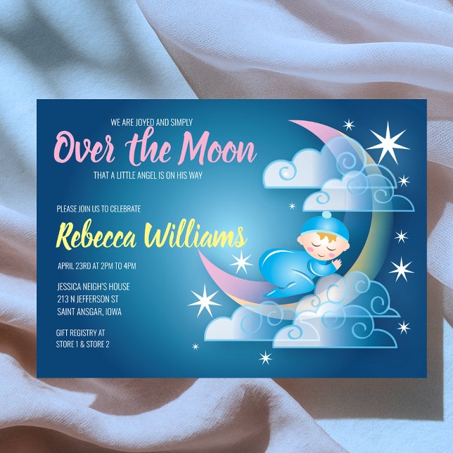 Convite Sobre O Chá de fraldas Com Base Na Lua - Pele Mais (Over The Moon Cradled Baby Shower - Lighter Skin Invitation
)