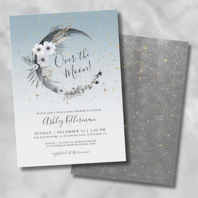 Convite Sobre O Chá de fraldas Da Lua (Over The Moon Baby Shower Invitation )