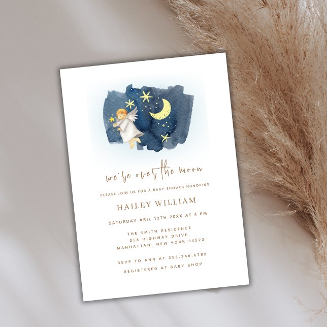 Convite Sobre O Chá de fraldas Da Lua Angel Moon Star (Over The Moon Angel Moon Star Baby Shower Invitation)