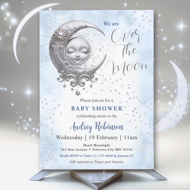 Convite Sobre O Chá de fraldas Da Lua Azul (Over The Moon Blue Boy Baby Shower Invitation)