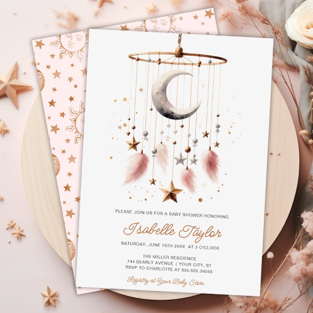 Convite Sobre o Chá de fraldas da Moon Boho Celestial Girl (Over the Moon Boho Celestial Girl Baby Shower Invitation)