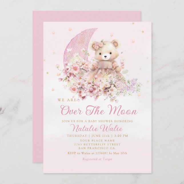 Convite Sobre o Chá de fraldas da Moon Boho Teddy Bear Gir (Frente/Verso)