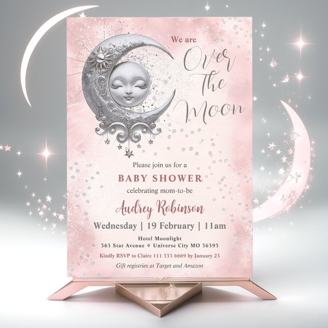 Convite Sobre O Chá de fraldas Da Moon Pink Girl (Over The Moon Pink Girl Baby Shower Invitation)