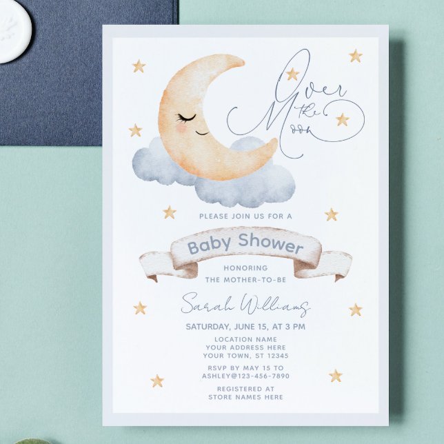 Convite Sobre o Chá de fraldas de Script Neutro de Gênero  (Baby Shower Bliss: Over the Moon & Stars Await!)