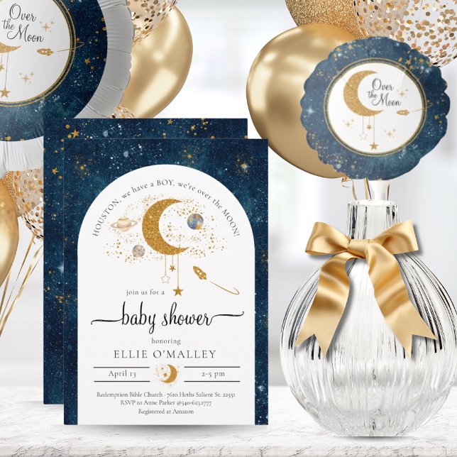 Convite Sobre o Chá de fraldas do Tema Espacial da Lua (Over the Moon Space Theme Baby Shower Invitation)