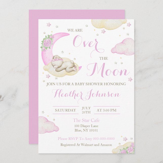 Convite Sobre O Chá de fraldas Do Urso Moon (Frente/Verso)