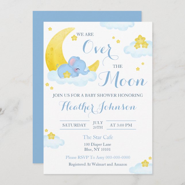 Convite Sobre O Chá de fraldas Elefante Da Lua (Frente/Verso)