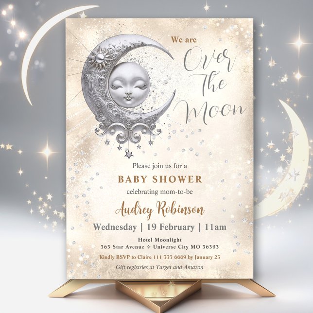 Convite Sobre O Chá de fraldas Neutro De Gênero Da Lua (Over The Moon Gender Neutral Baby Shower Invitation)