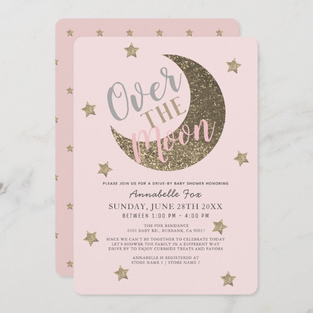 Convite Sobre o Chá de fraldas Pink da lua pink (Frente/Verso)