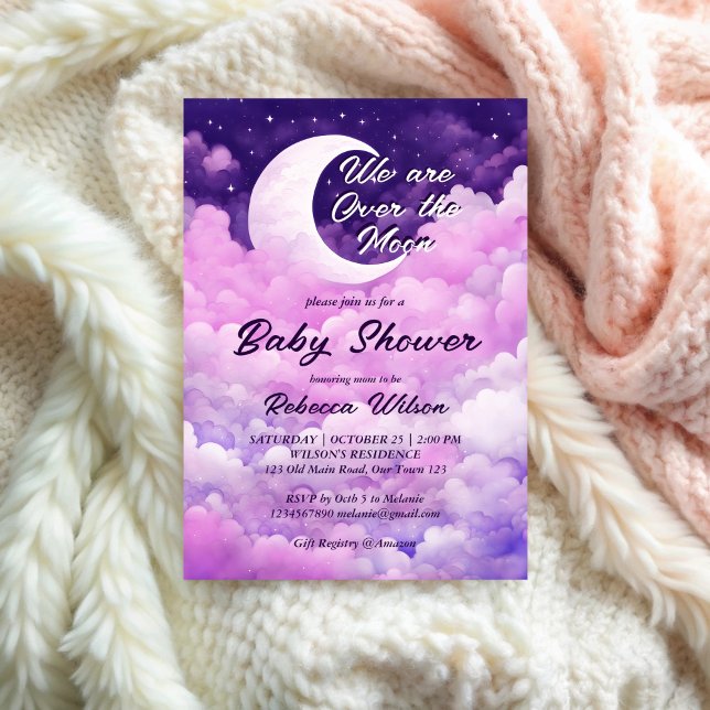 Convite Sobre o chá de fraldas rosa púrpura da lua (Over the moon purple pink girl baby shower invitation template galaxy stars moon baby shower invite)