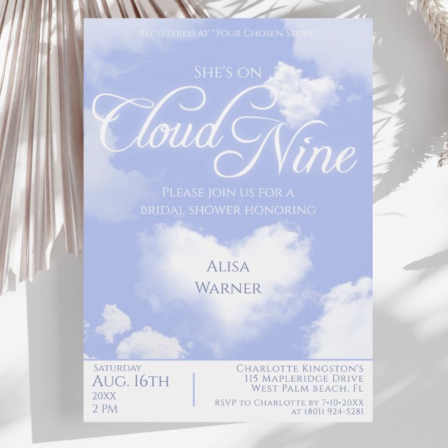 Convite Sobre o Chá de panela das Nuvens de Coração Sonhad (She's On Cloud 9 Elegant Script Bridal Shower Invitation)