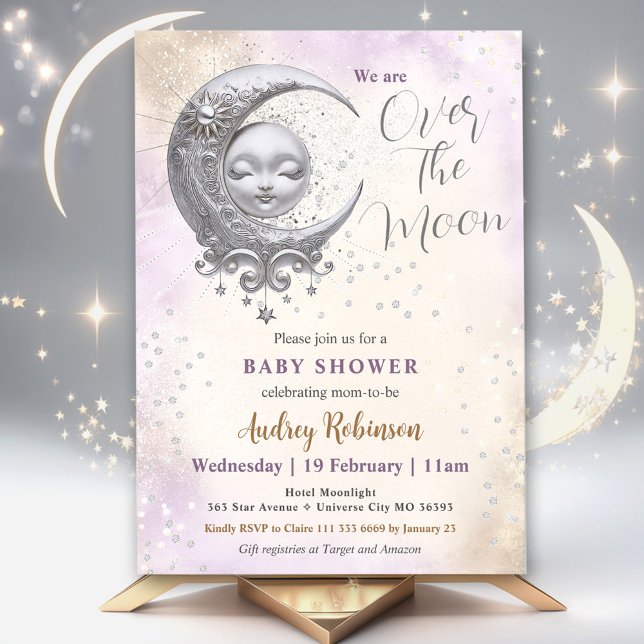 Convite Sobre O Gênero Da Lua Chá de fraldas Roxo Neutro (Over The Moon Gender Neutral Purple Baby Shower Invitation)