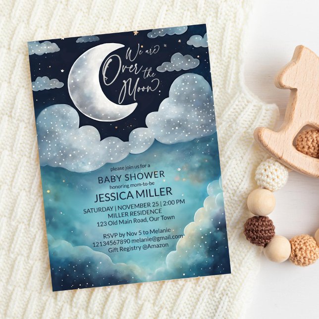 Convite Sobre o modelo chá de fraldas da galáxia lua (We are Over the moon galaxy baby shower editable template invitation digital download watercolor)