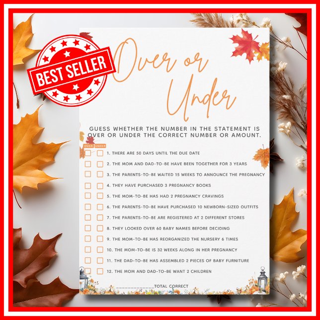 Convite Sobre ou debaixo do jogo do Chá de fraldas (OVER OR UNDER Baby Shower Game with Answers A Little Pumpkin is on the Way Theme )