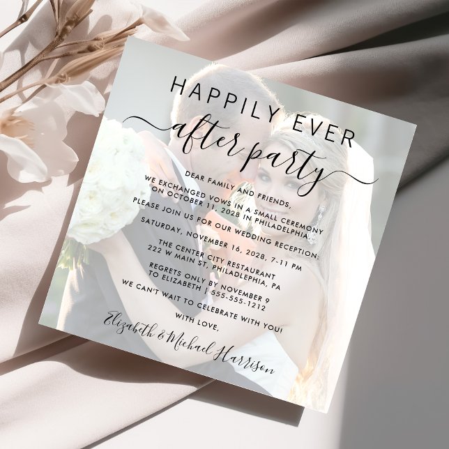 Convite Sobreposição de Foto Casamento Feliz para Sempre R (An chic photo overlay Happily Ever After Party invitation for your wedding celebration)