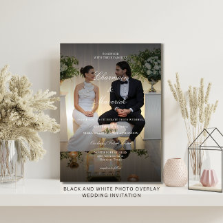 Convite Sobreposição de Foto Preto e Branco Casamento
