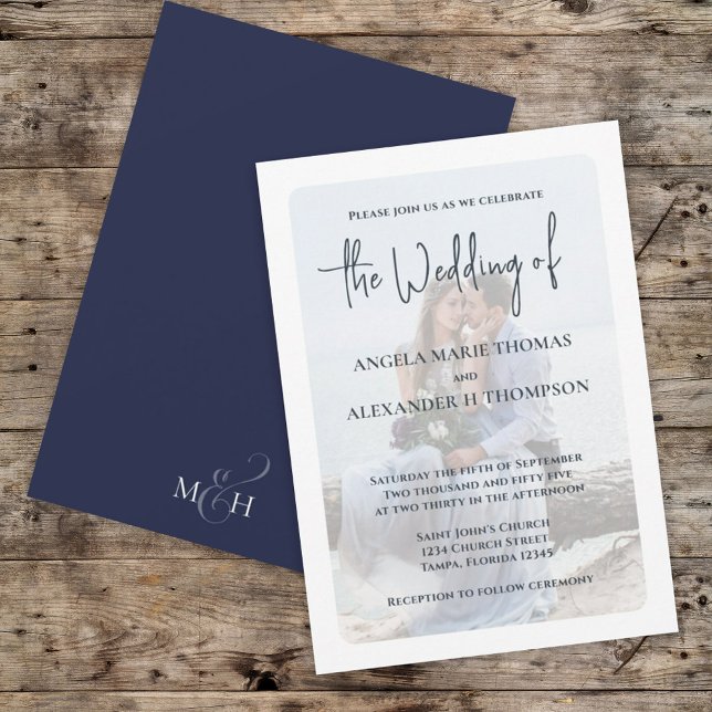 Convite Sobreposição de fotos Elegante Simples Marinho Min (Simple navy blue wedding photo invitations)