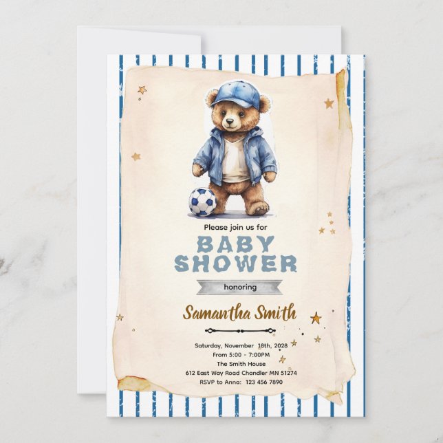 Convite Soccer Bear Baby Shower Invitation (Frente)