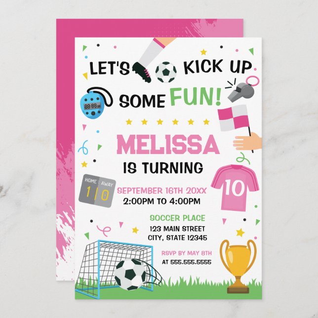 Convite Soccer Birthday girl Invitation (Frente/Verso)