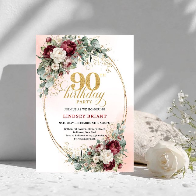 Convite Sofisticadas Peônias Marsala Dourado 90º Aniversár (Sophisticated Marsala Peonies Gold 90th Birthday Invite)