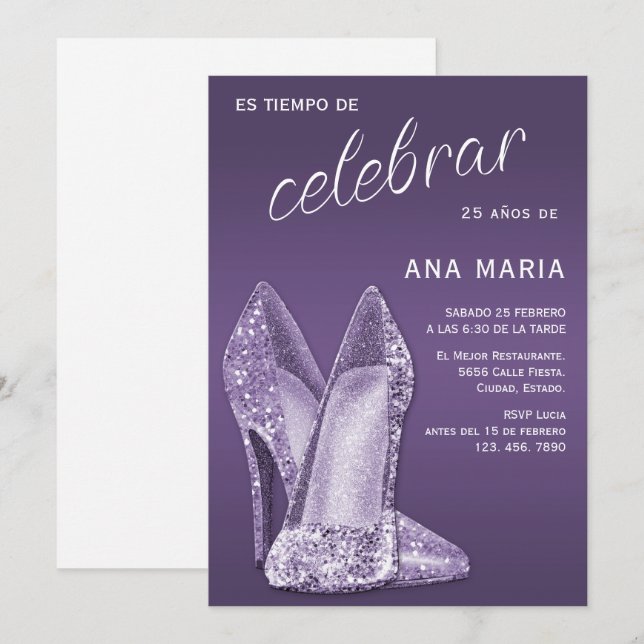 Convite Sofisticado Aniversário Feminino Espanhol Amatista (Frente/Verso)