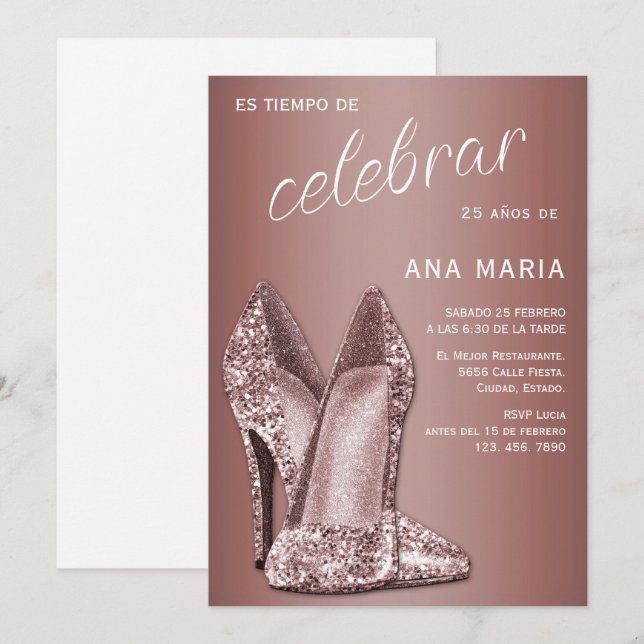 Convite Sofisticado Aniversário Feminino Espanhol em Rosa  (Frente/Verso)
