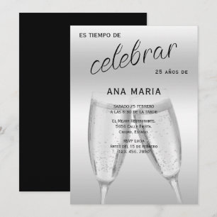 Convite Sofisticado Aniversário Feminino Espanhol Prata