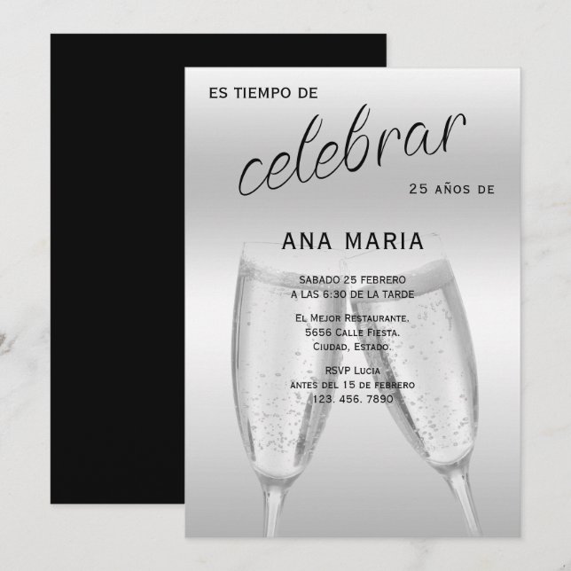 Convite Sofisticado Aniversário Feminino Espanhol Prata (Frente/Verso)