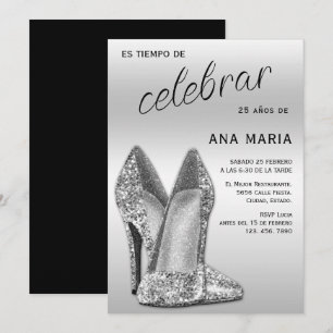 Convite Sofisticado Aniversário Feminino Espanhol Prateado