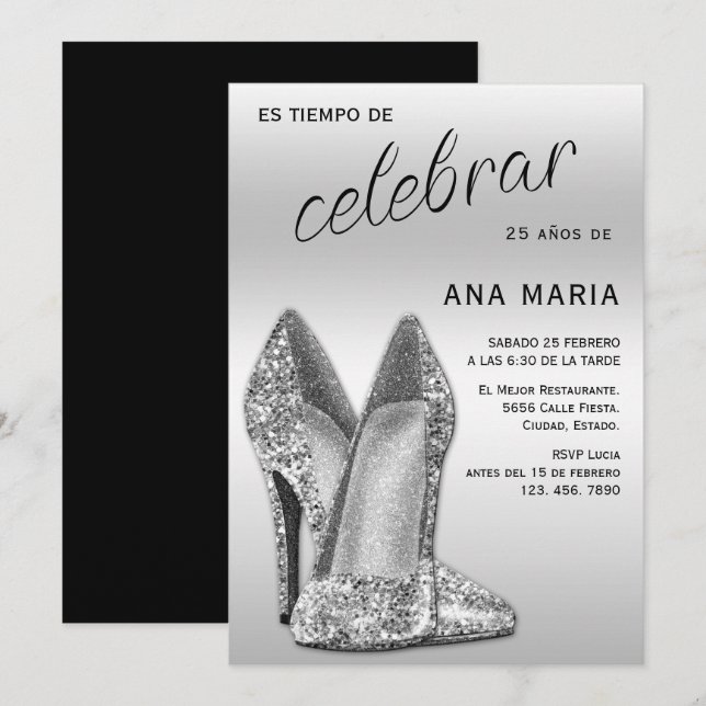 Convite Sofisticado Aniversário Feminino Espanhol Prateado (Frente/Verso)