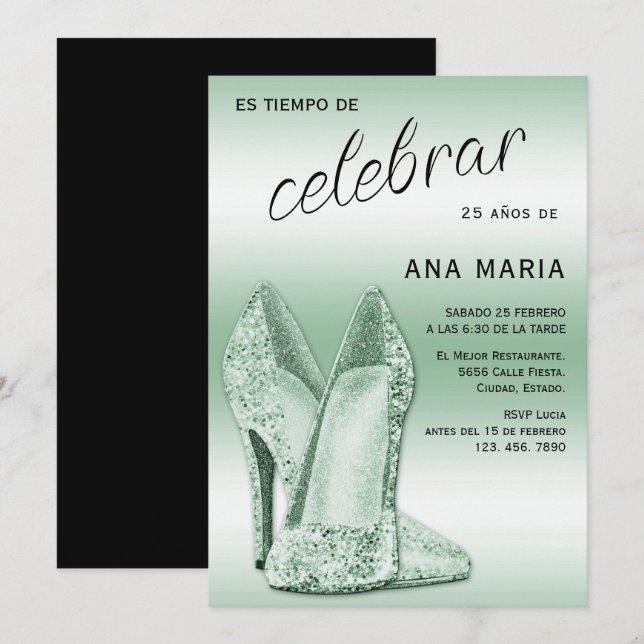 Convite Sofisticado Aniversário Feminino Espanhol Verde (Frente/Verso)