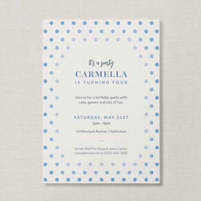 Convite Sofisticado Aniversário Infantil Azul Francês com  (Blue Polka Dot - 5x7" Birthday Party Invitation)