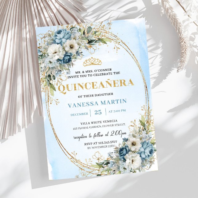 Convite Sofisticado Azul Poeirento Dourado Verde Quince  (Sophisticated Dusty Blue Gold Greenery Quince Invite)