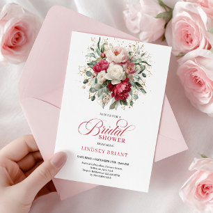 Convite Sofisticado Boêmio Vermelho Branco Floral Verdejan