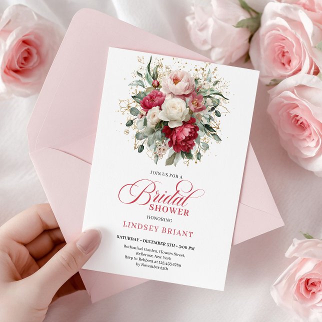 Convite Sofisticado Boêmio Vermelho Branco Floral Verdejan (Chic Boho Ruby Red Blush Greenery Bridal Shower)