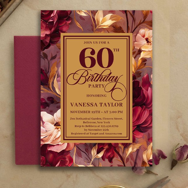 Convite Sofisticado Boho Aniversário de 60 anos Bege Marro (Sophisticated 60th Birthday Maroon Blush Gold Invitation)