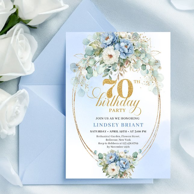 Convite Sofisticado Boho Azul e Dourado Floral 70º Anivers (Sophisticated Boho Blue and Gold Floral 70th Birthday)