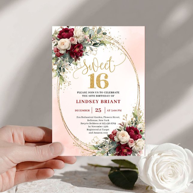 Convite Sofisticado Boho Marsala Dourado Floral Sweet Sixt (Sophisticated Boho Marsala Gold Floral Sweet Sixteen)