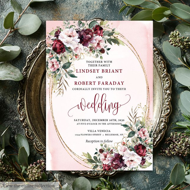 Convite Sofisticado Boho Merlot Dourado Floral Salvia Casa (Sophisticated Boho Merlot Gold Sage Floral Wedding Invitation)