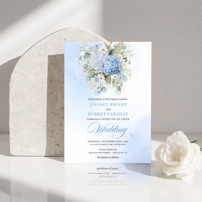 Convite Sofisticado Casamento Boêmio com Hortênsias Azuis (Sophisticated Bohemian Soft Blue Hydrangea Wedding Invite)