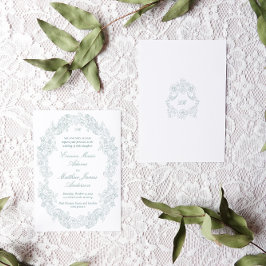 Convite Sofisticado Casamento Clássico Azul Regência Scrip